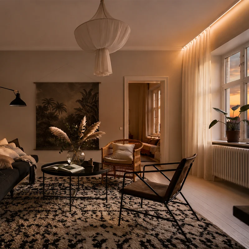 gardinskena i vardagsrum med led-strip